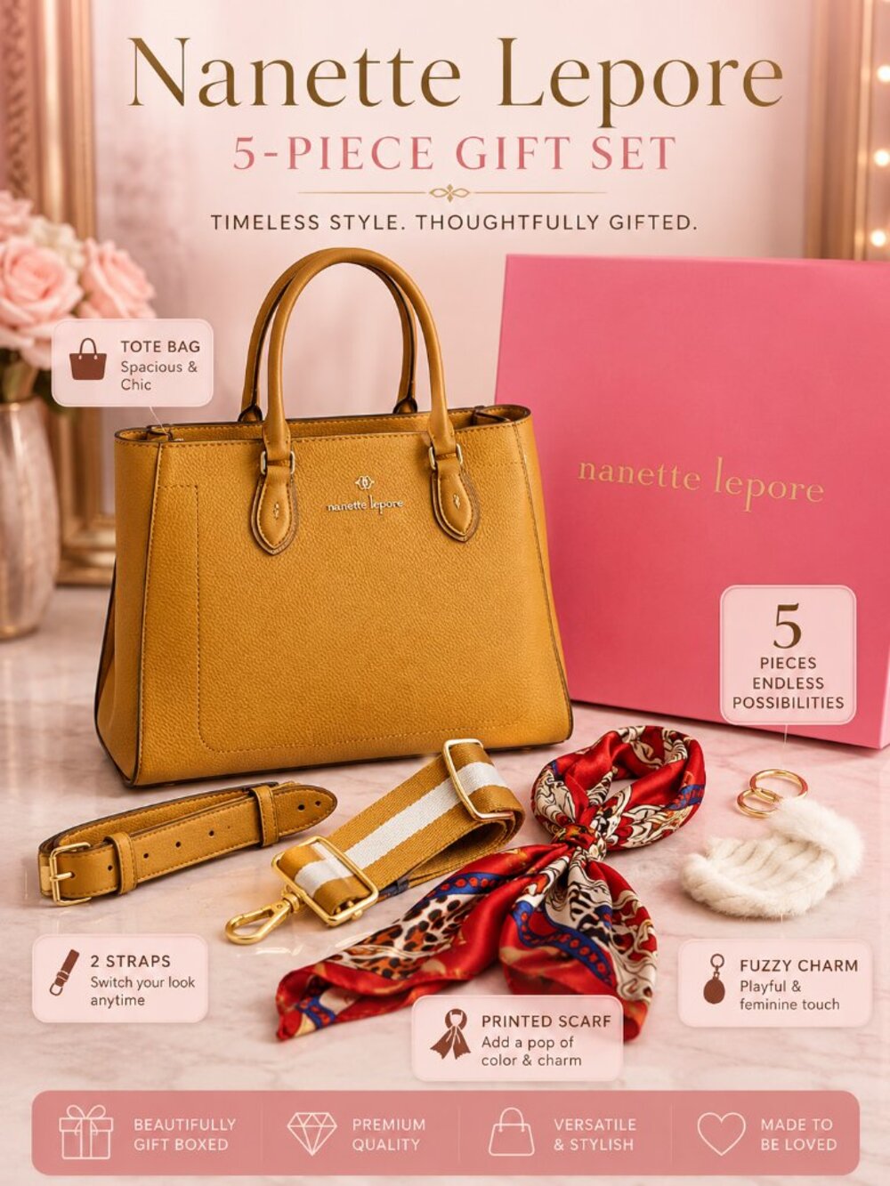 Nanette Lepore 5-Piece Mustard Tote Bag Gift Set Straps Scarf Charm Boxed